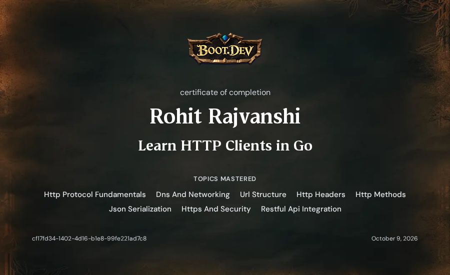 Rohit Rajvanshi's Boot.dev Learn HTTP Clients in Go certificate
