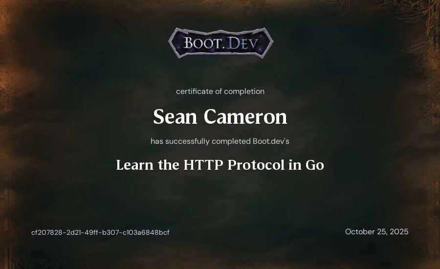 Sean Cameron's Boot.dev Learn the HTTP Protocol in Go certificate