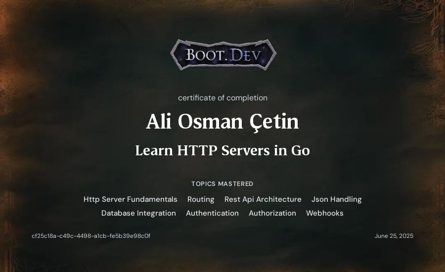 Ali Osman Çetin's Boot.dev Learn HTTP Servers in Go certificate