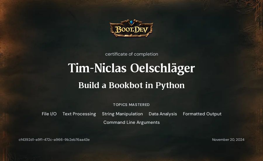 Tim-Niclas Oelschläger's Boot.dev Build a BookBot in Python certificate