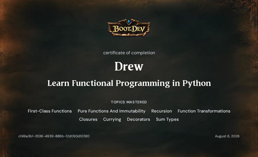 Drew's Boot.dev Learn Functional Programming in Python certificate