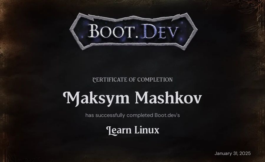 Maksym Mashkov's Boot.dev Learn Linux certificate