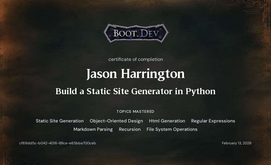 Jason Harrington's Boot.dev Build a Static Site Generator in Python certificate