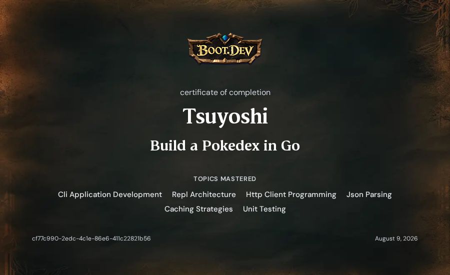 Tsuyoshi's Boot.dev Build a Pokedex in Go certificate