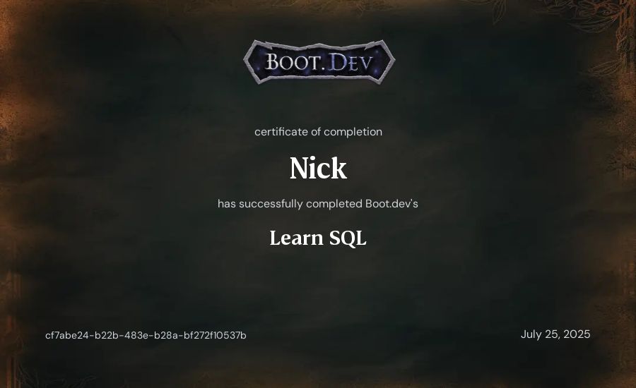 Nick's Boot.dev Learn SQL certificate