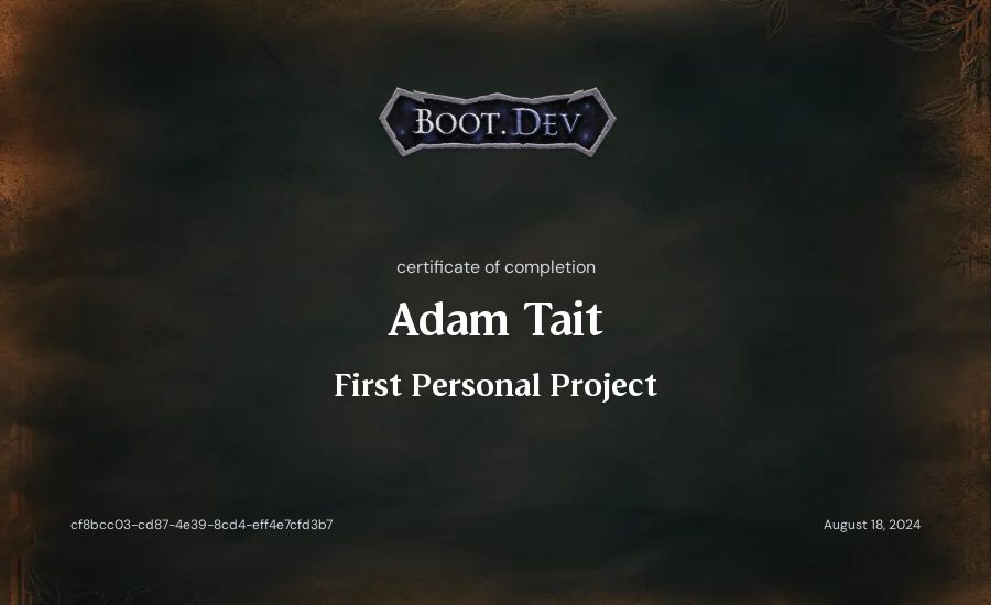Adam Tait's Boot.dev First Personal Project certificate