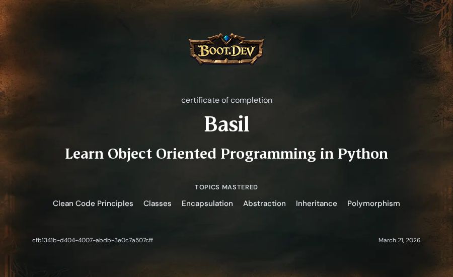 Basil's Boot.dev Learn Object Oriented Programming in Python certificate