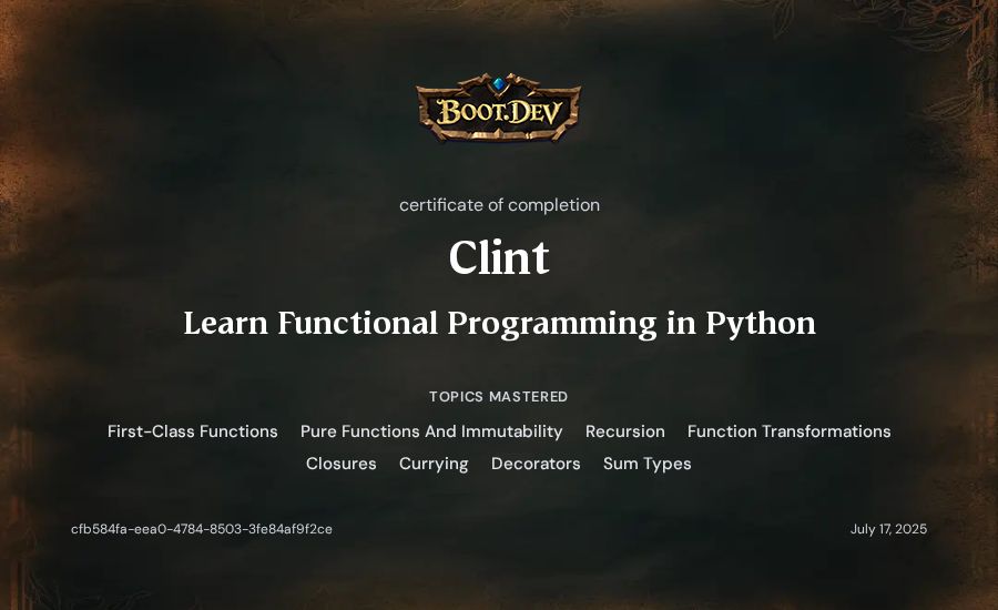 Clint's Boot.dev Learn Functional Programming in Python certificate