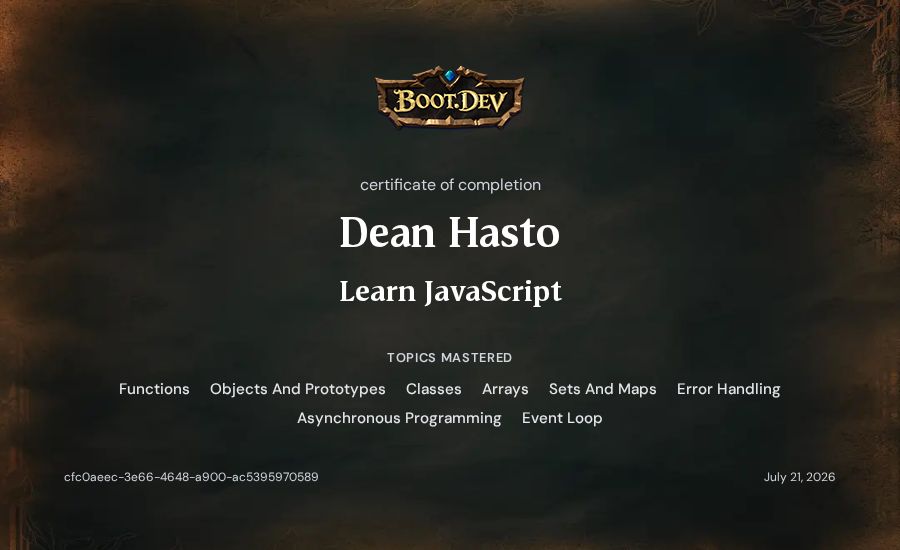 Dean Hasto's Boot.dev Learn JavaScript certificate