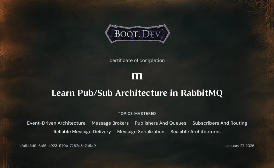 m's Boot.dev Learn Pub/Sub in RabbitMQ and TypeScript certificate