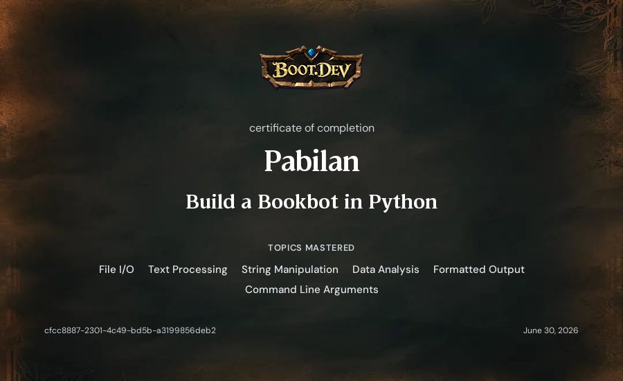 Pabilan's Boot.dev Build a BookBot in Python certificate
