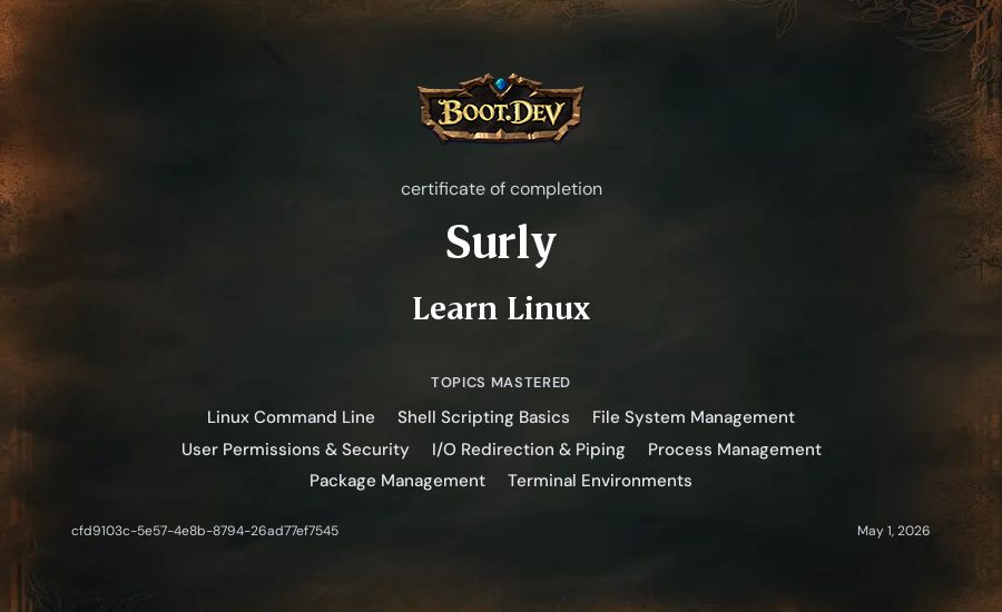 Surly's Boot.dev Learn Linux certificate