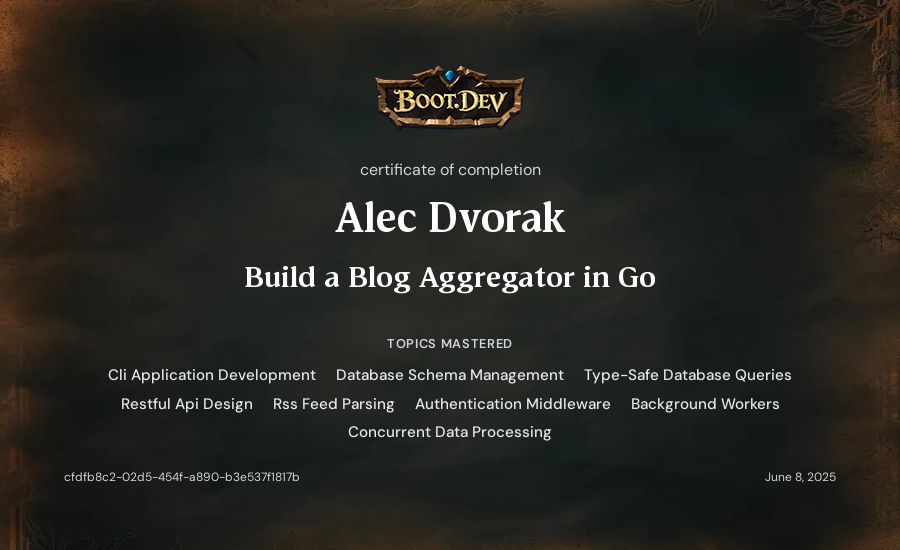 Alec Dvorak's Boot.dev Build a Blog Aggregator in Go certificate