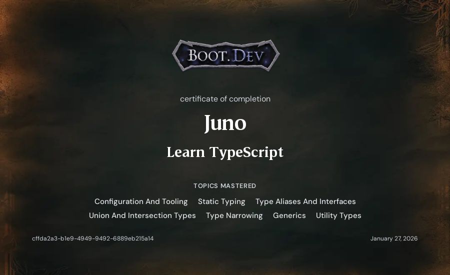 Juno's Boot.dev Learn TypeScript certificate