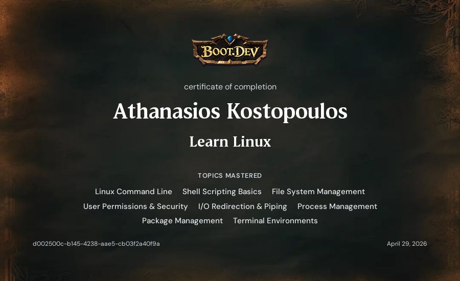 Athanasios Kostopoulos's Boot.dev Learn Linux certificate