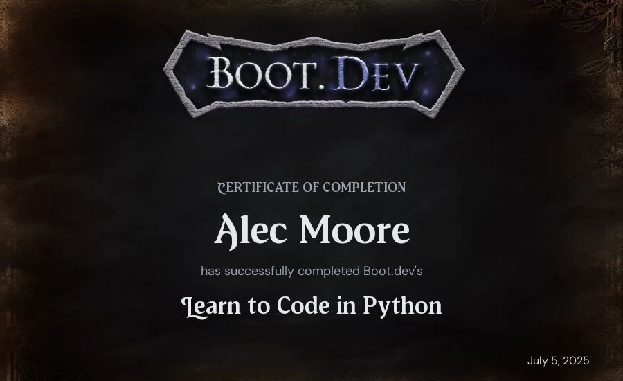 Alec Moore's Boot.dev Introduction to Python Course certificate