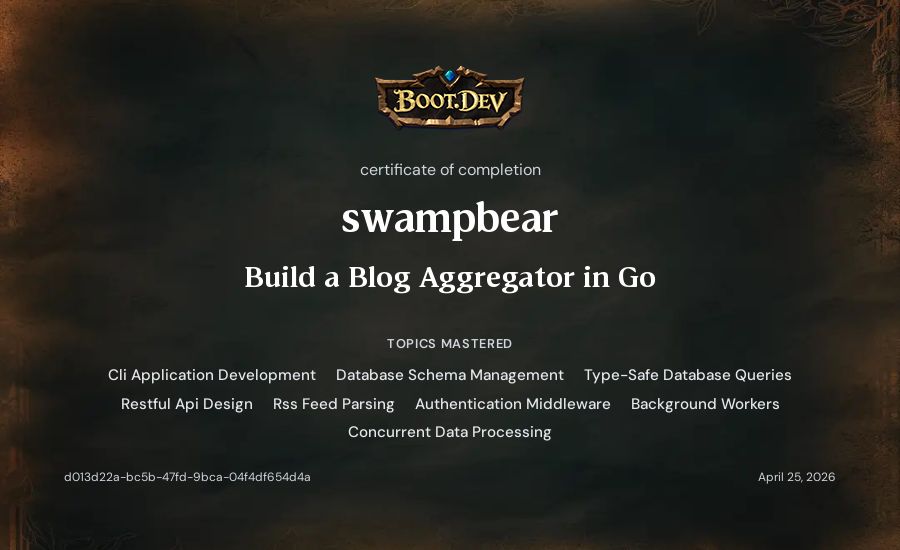 swampbear's Boot.dev Build a Blog Aggregator in Go certificate