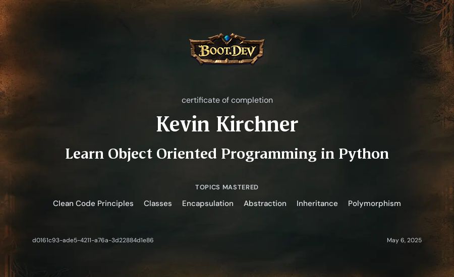Kevin Kirchner's Boot.dev Learn Object Oriented Programming in Python certificate