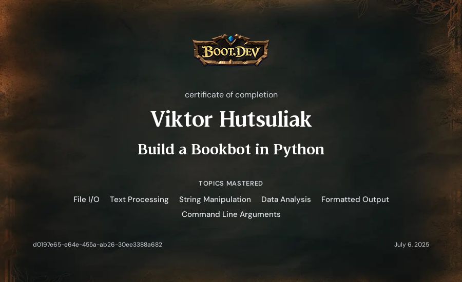 Viktor Hutsuliak's Boot.dev Build a BookBot in Python certificate