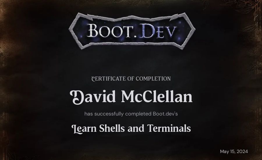 David McClellan's Boot.dev Learn Linux certificate