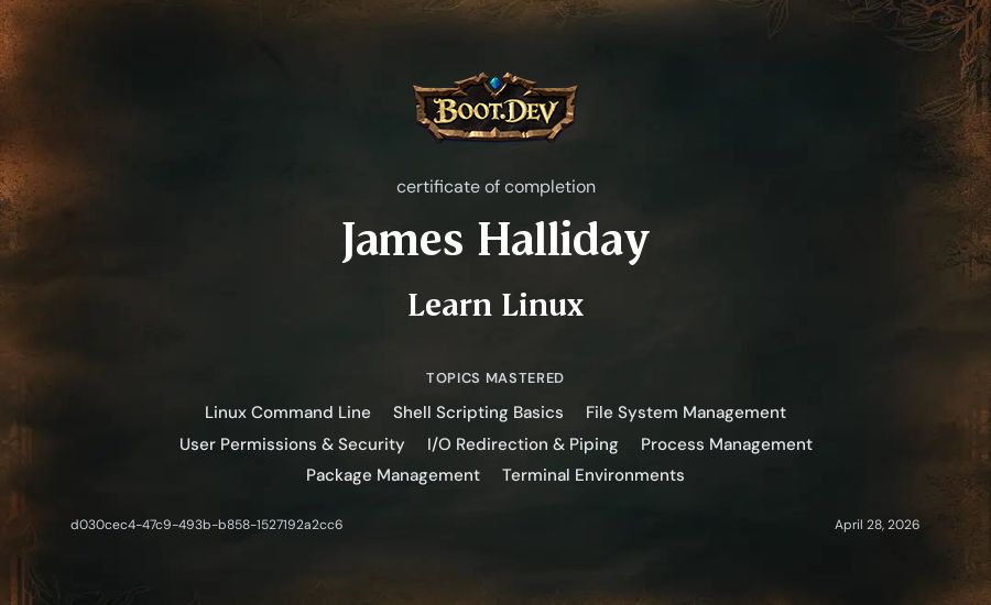 James Halliday's Boot.dev Learn Linux certificate