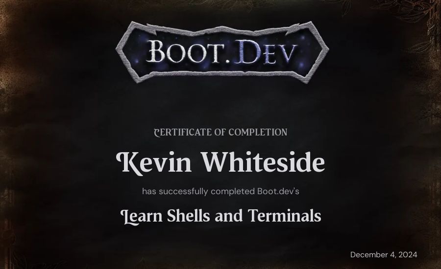 Kevin Whiteside's Boot.dev Learn Linux certificate