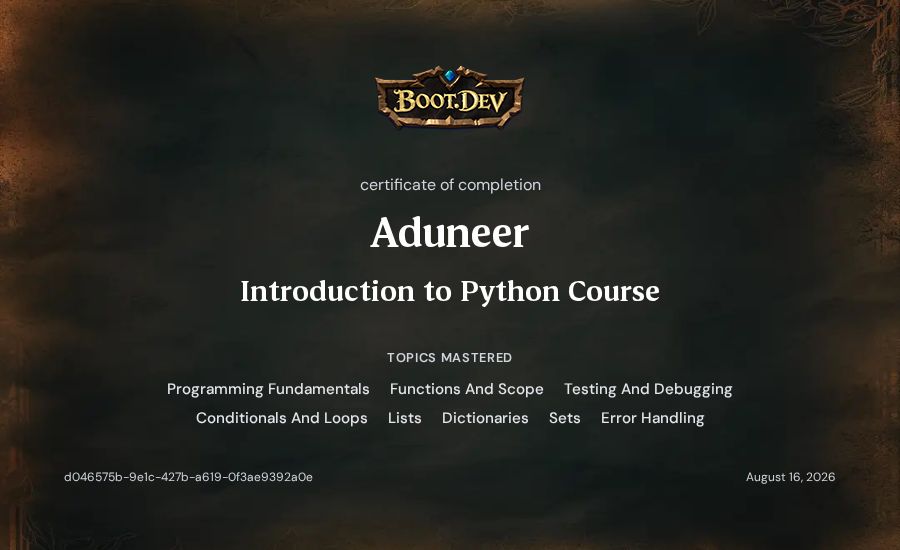 Aduneer's Boot.dev Introduction to Python Course certificate