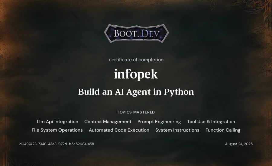 infopek's Boot.dev Build an AI Agent in Python certificate