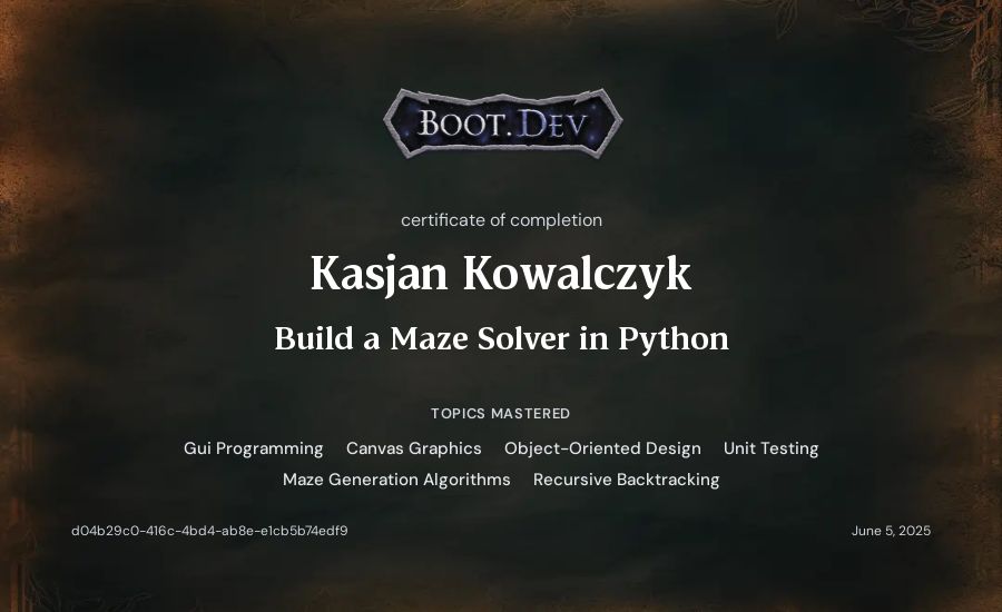 Kasjan Kowalczyk's Boot.dev Build a Maze Solver in Python certificate