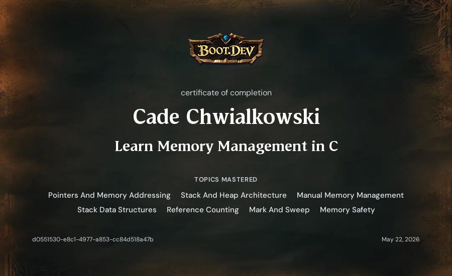 Cade Chwialkowski's Boot.dev Learn Memory Management in C certificate