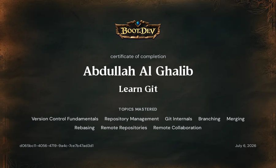 Abdullah Al Ghalib's Boot.dev Learn Git certificate