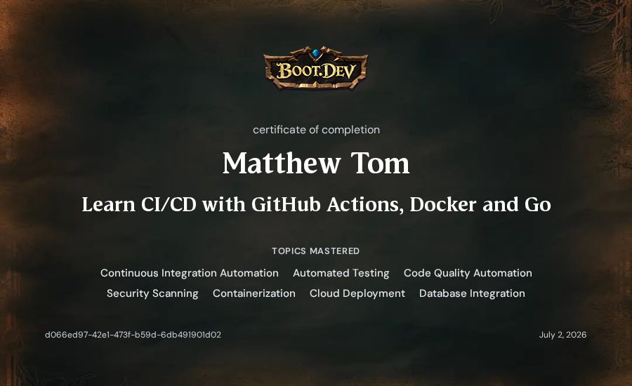 Matthew Tom's Boot.dev Learn CI/CD with GitHub Actions, Docker and Go certificate