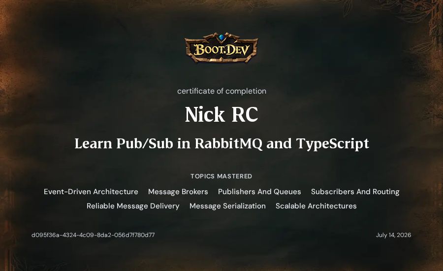 Nick RC's Boot.dev Learn Pub/Sub in RabbitMQ and TypeScript certificate