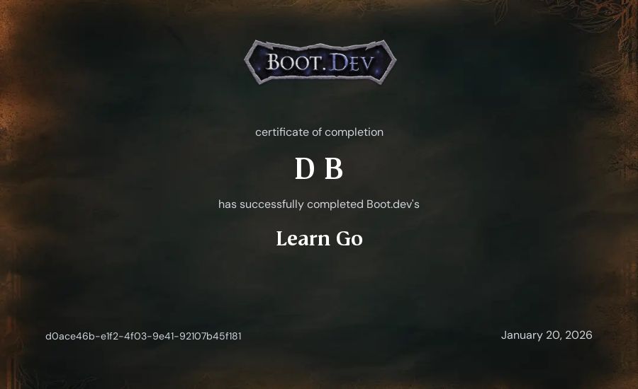 D B's Boot.dev Learn Go certificate