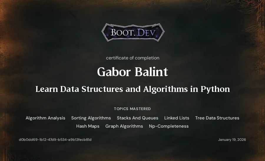 Gabor Balint's Boot.dev Learn Data Structures and Algorithms in Python certificate