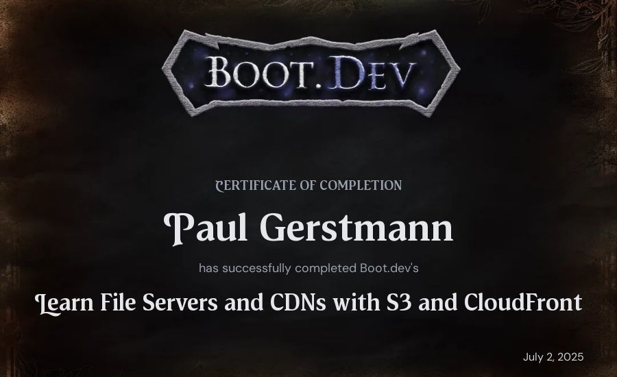 Paul Gerstmann's Boot.dev Learn File Servers and CDNs with S3 and CloudFront certificate