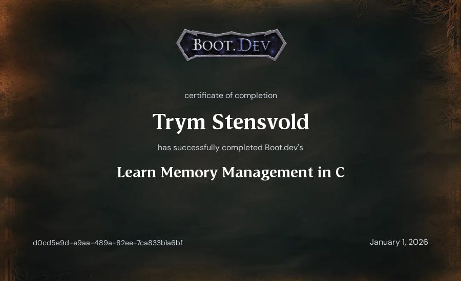 Trym Stensvold's Boot.dev Learn Memory Management in C certificate