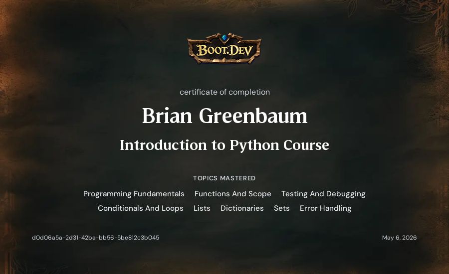 Brian Greenbaum's Boot.dev Introduction to Python Course certificate