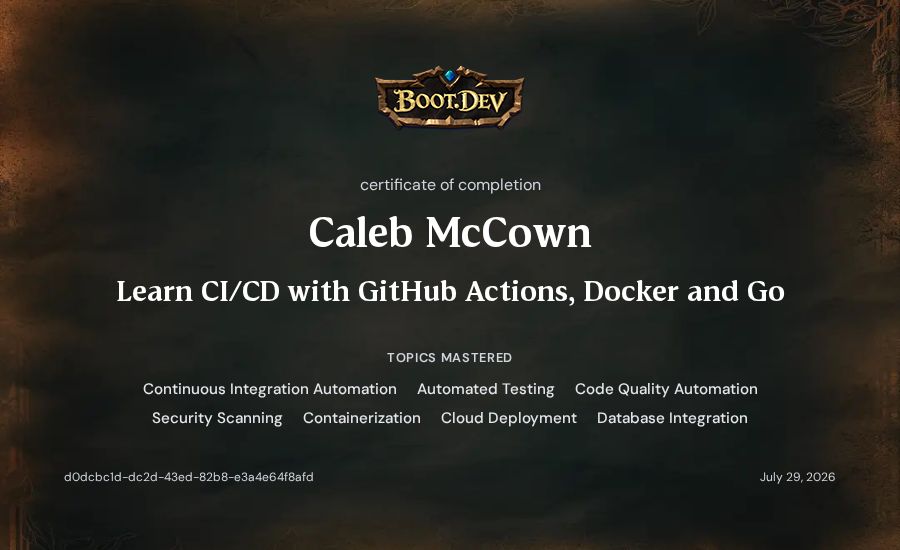 Caleb McCown's Boot.dev Learn CI/CD with GitHub Actions, Docker and Go certificate