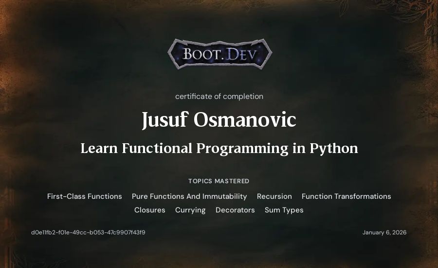 Jusuf Osmanovic's Boot.dev Learn Functional Programming in Python certificate