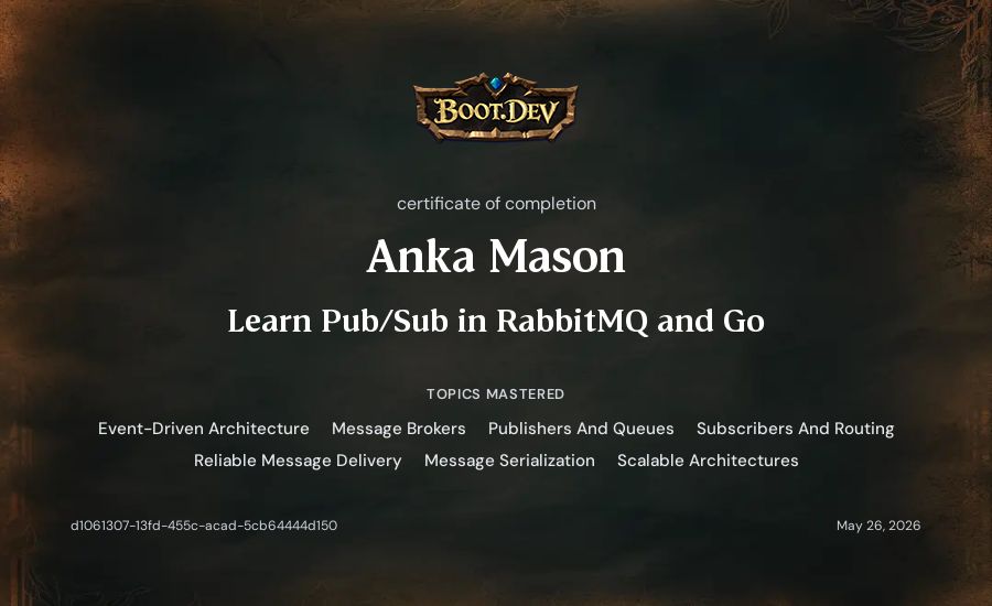 Anka Mason's Boot.dev Learn Pub/Sub in RabbitMQ and Go certificate