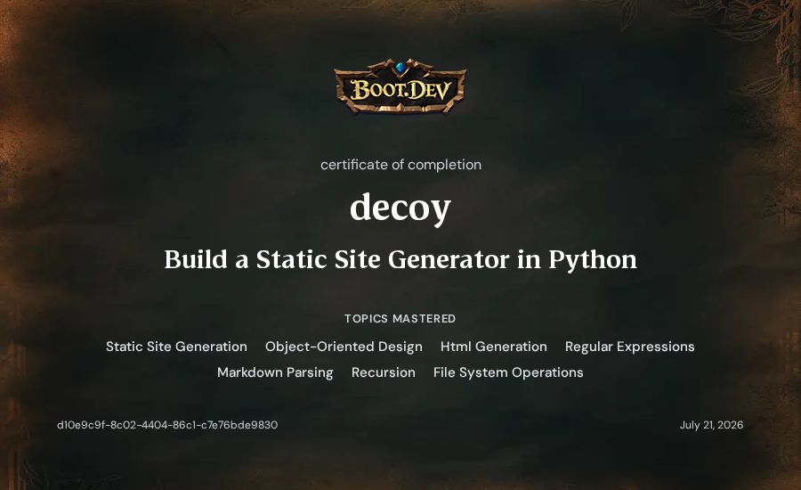 decoy's Boot.dev Build a Static Site Generator in Python certificate