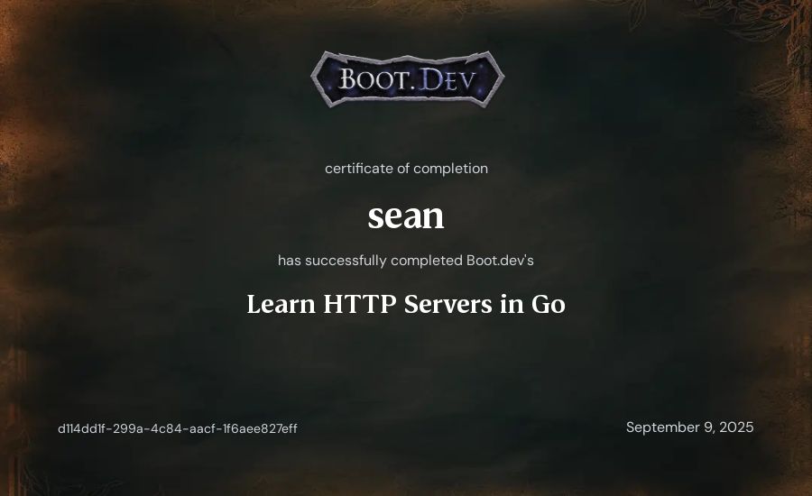 sean's Boot.dev Learn HTTP Servers in Go certificate