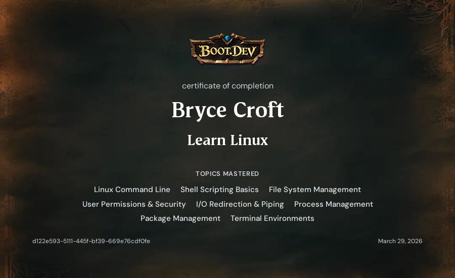 Bryce Croft's Boot.dev Learn Linux certificate