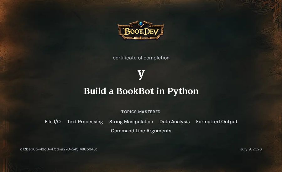 y's Boot.dev Build a BookBot in Python certificate