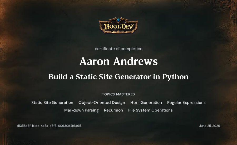 Aaron Andrews's Boot.dev Build a Static Site Generator in Python certificate