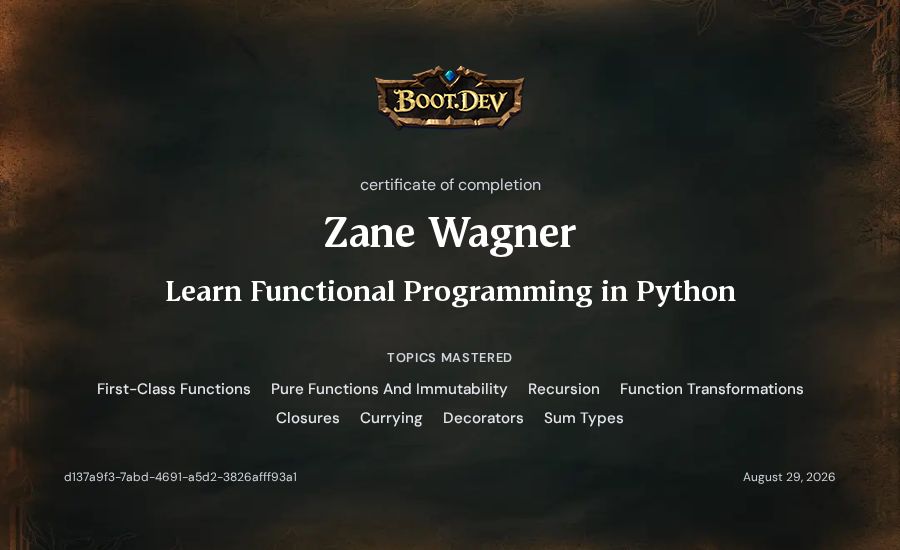 Zane Wagner's Boot.dev Learn Functional Programming in Python certificate
