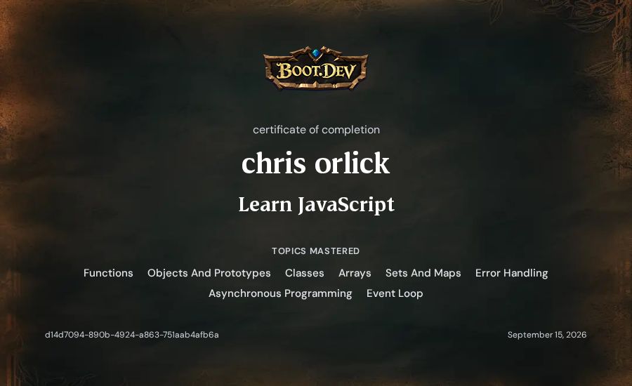 chris orlick's Boot.dev Learn JavaScript certificate
