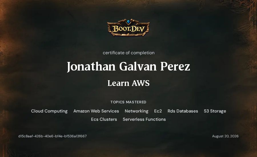 Jonathan Galvan Perez's Boot.dev Learn AWS certificate