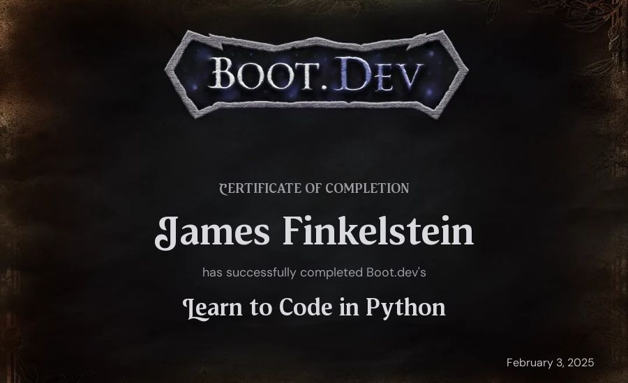 Jimmjy F's Boot.dev Introduction to Python Course certificate